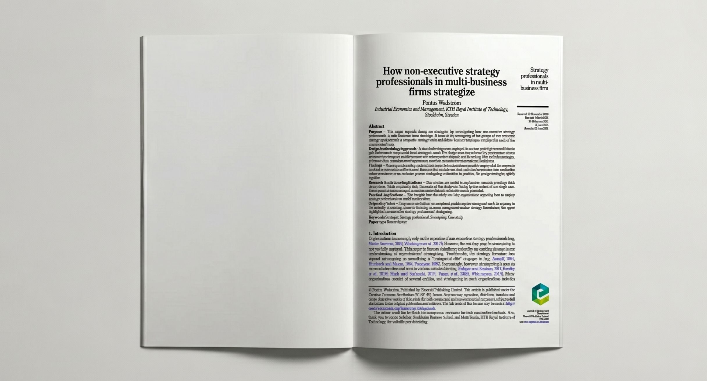 Uppslag i en tidskrift med uppsatsen ”How non-executive strategists in multi-business firms strategise”