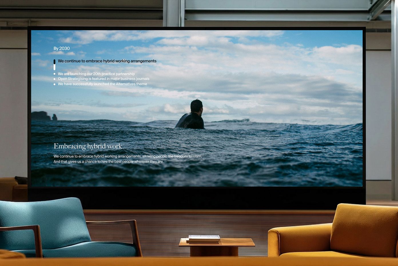 Large screen in a lounge showing an Open Strategising presentation slide titled 'Embracing hybrid work'