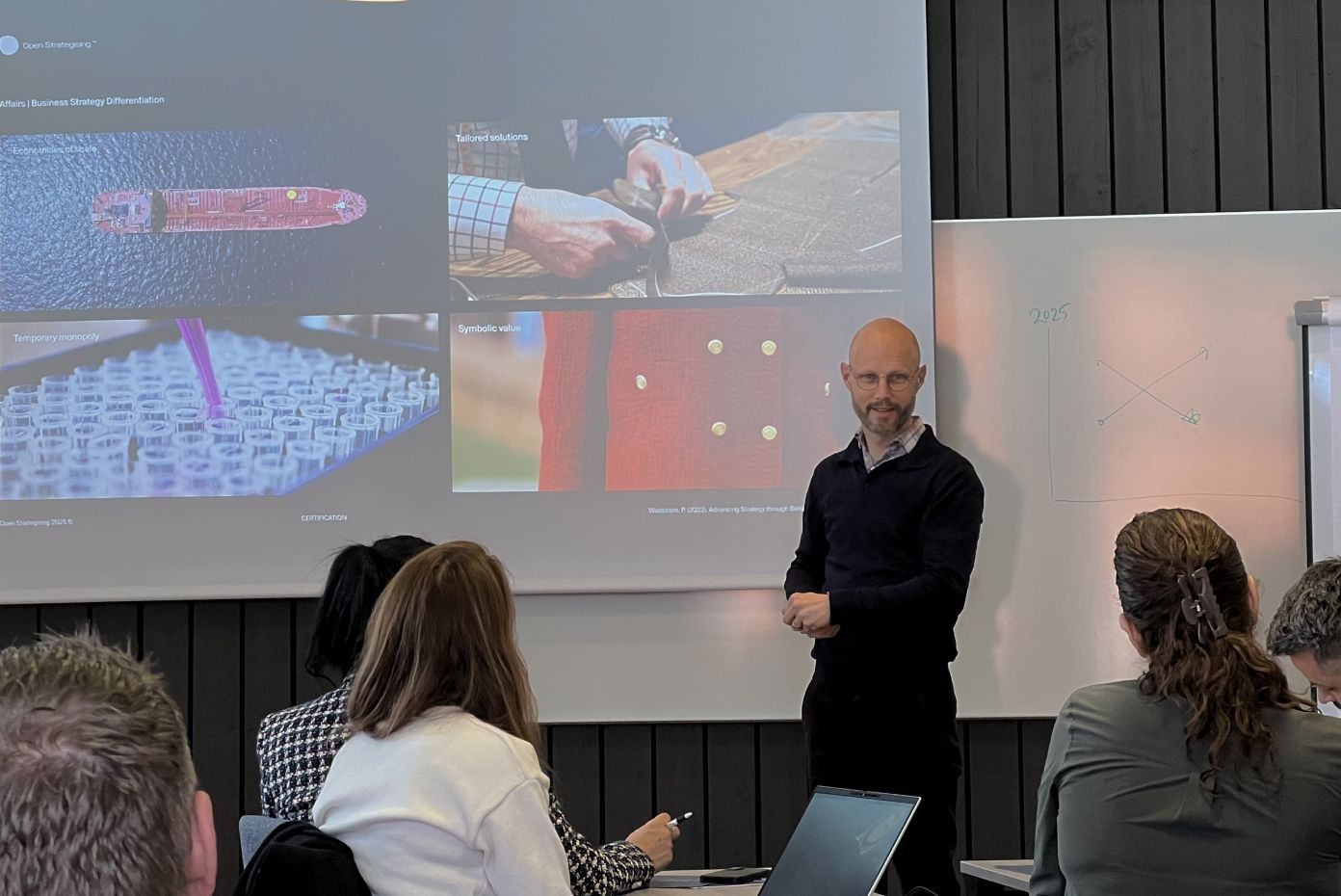Pontus Wadström som undervisar en grupp deltagare framför en projicerad bild